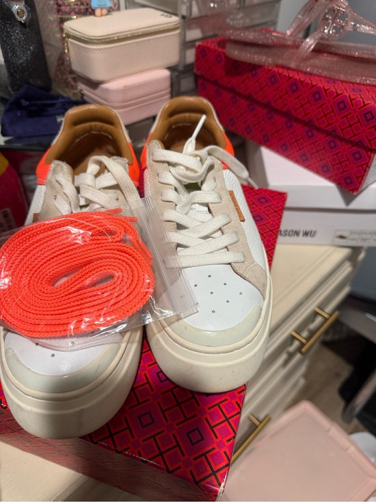 Tory Burch Shoes - Tory Burch White Sneakers with Fluorescent Pink Accent